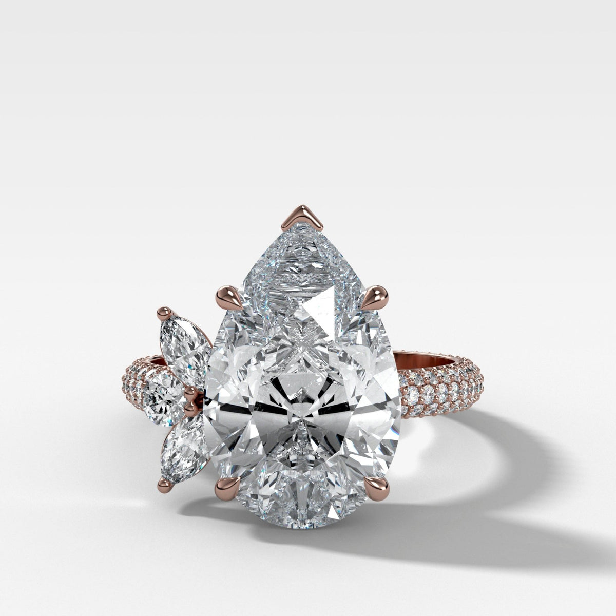 Lotus Triple Row Pavé Engagement Ring With Pear Cut Diamond - GOODSTONE
