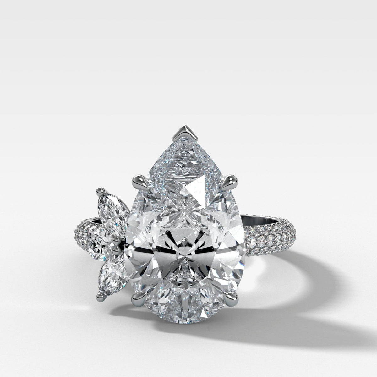 Lotus Triple Row Pavé Engagement Ring With Pear Cut Diamond - GOODSTONE