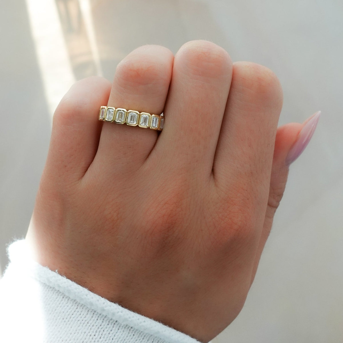 Midi Bezel Set Halfway Wedding Band With Emerald Cuts - GOODSTONE