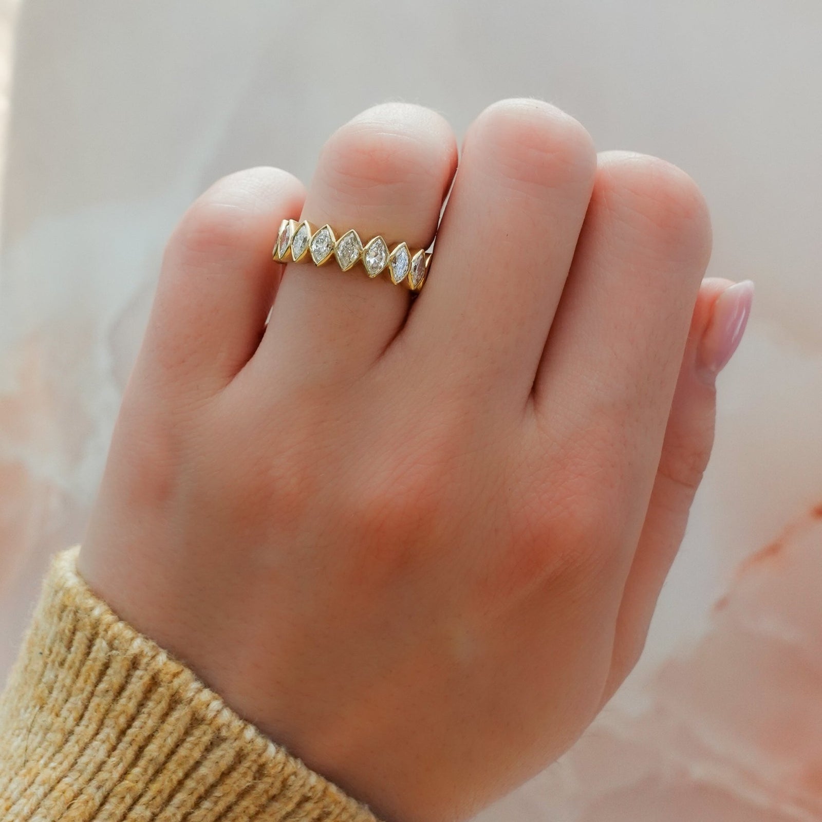 Midi Bezel Set Halfway Wedding Band With Marquise Cuts - GOODSTONE