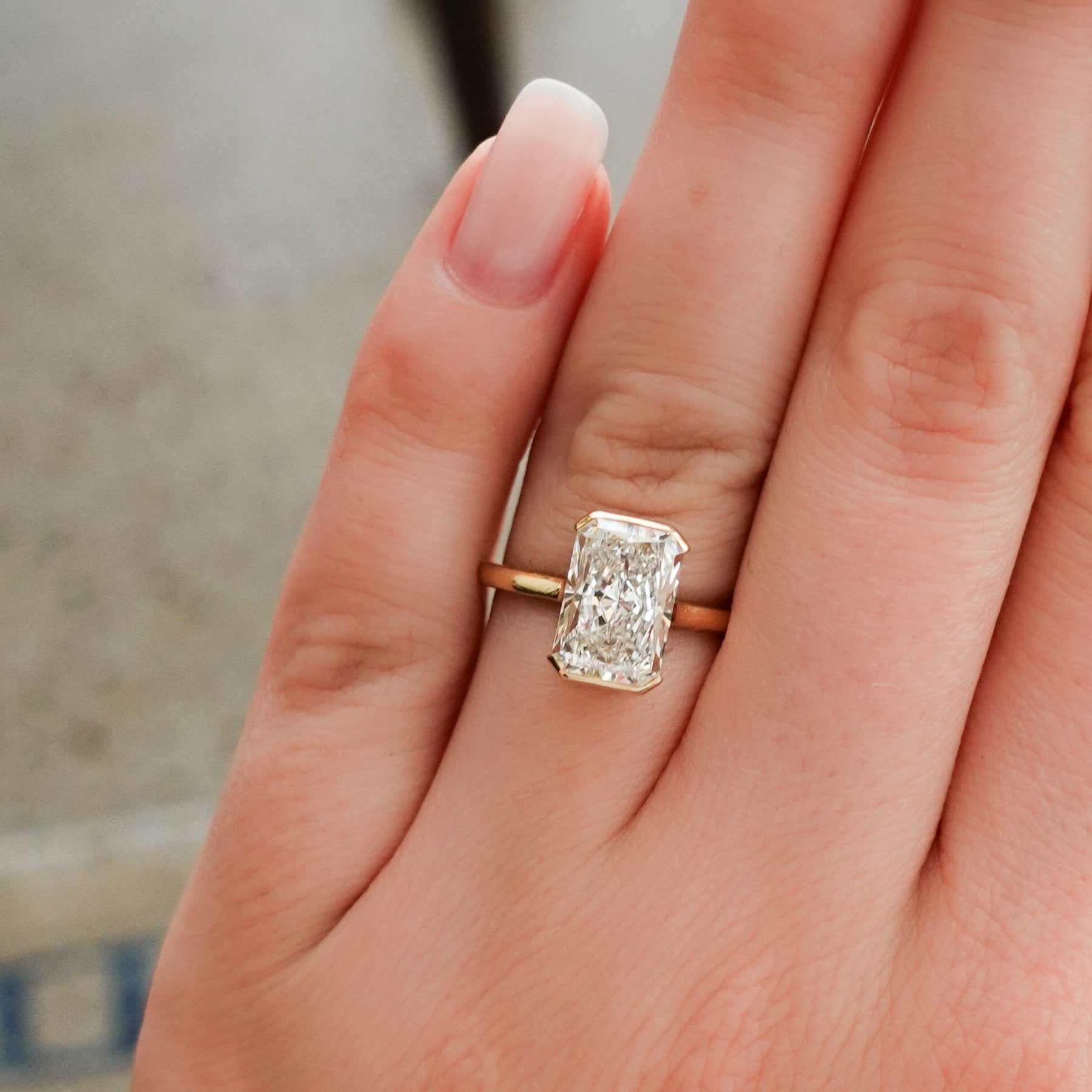 North South Half Bezel Solitaire Engagement Ring with 3.09ct Lab Grown Elongated Radiant Cut Diamond - GOODSTONE