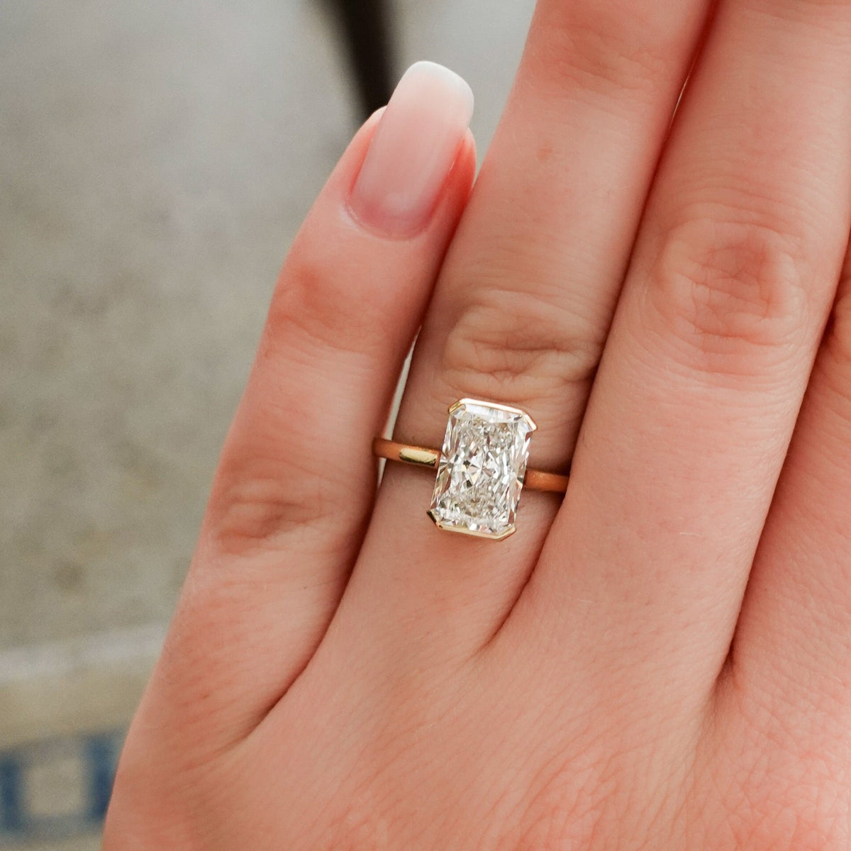 North South Half Bezel Solitaire Engagement Ring with 3.09ct Lab Grown Elongated Radiant Cut Diamond - GOODSTONE