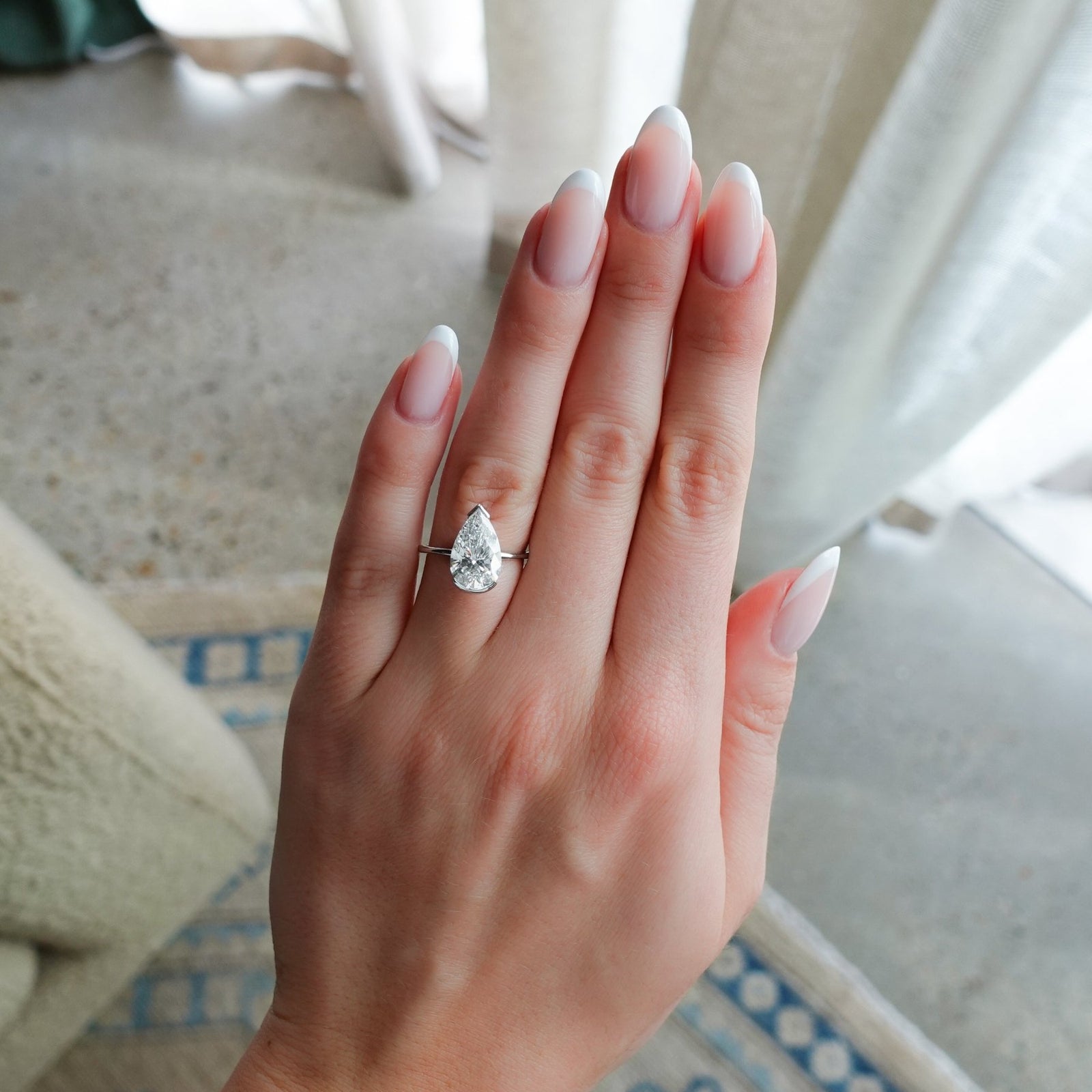 North South Half Bezel Solitaire Engagement Ring With Lab Grown 3.27ct Pear Cut Diamond - GOODSTONE