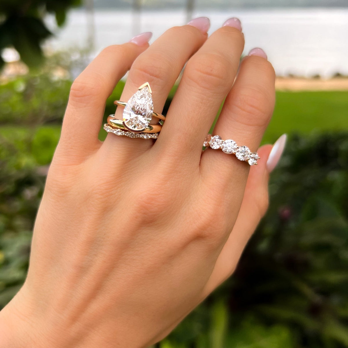 North South Half Bezel Solitaire Engagement Ring With Pear Cut Diamond - GOODSTONE