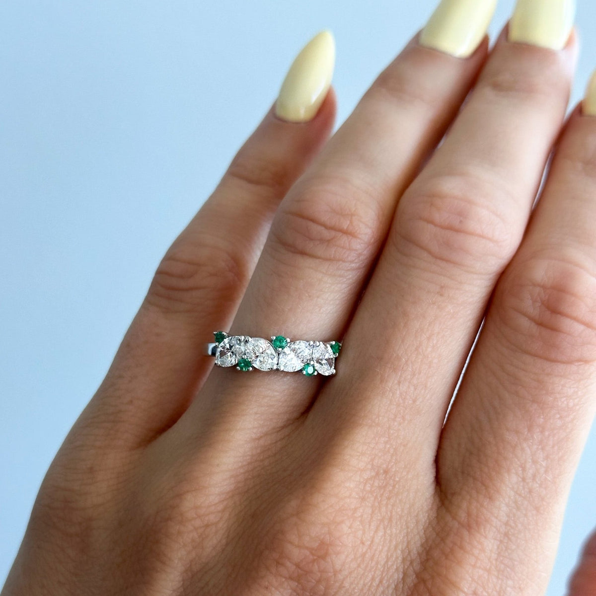 Oval Diamond And Green Emerald Medley Halfway Wedding Band - GOODSTONE