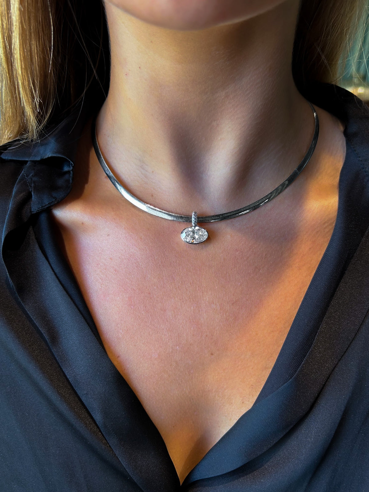 East West Bezel Set Oval Attachable Diamond Pendant with Pavé Knife Edge Diamond Bail