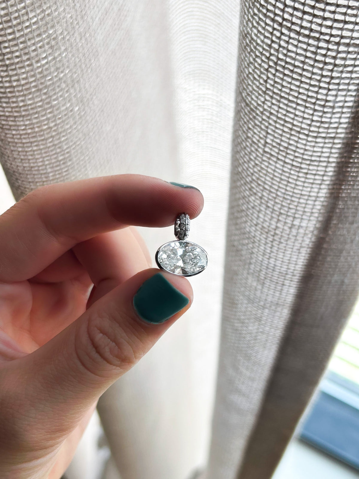 East West Bezel Set Oval Attachable Diamond Pendant with Pavé Knife Edge Diamond Bail