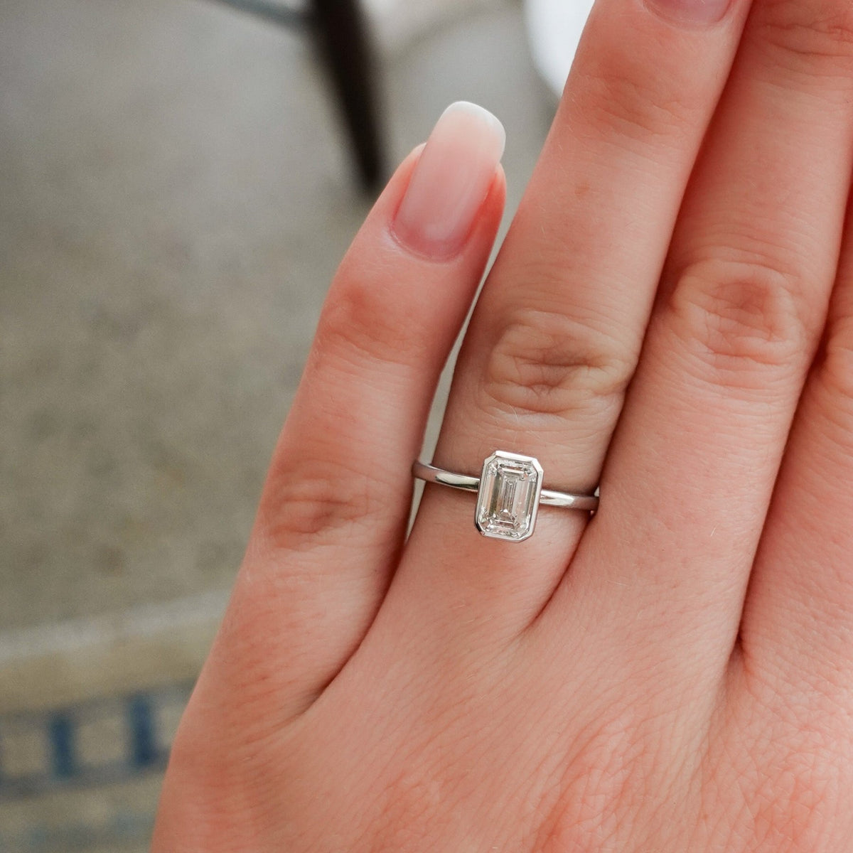 Penumbra Bezel Set Engagement Ring with 1.02ct Lab Grown Emerald Cut Diamond - GOODSTONE