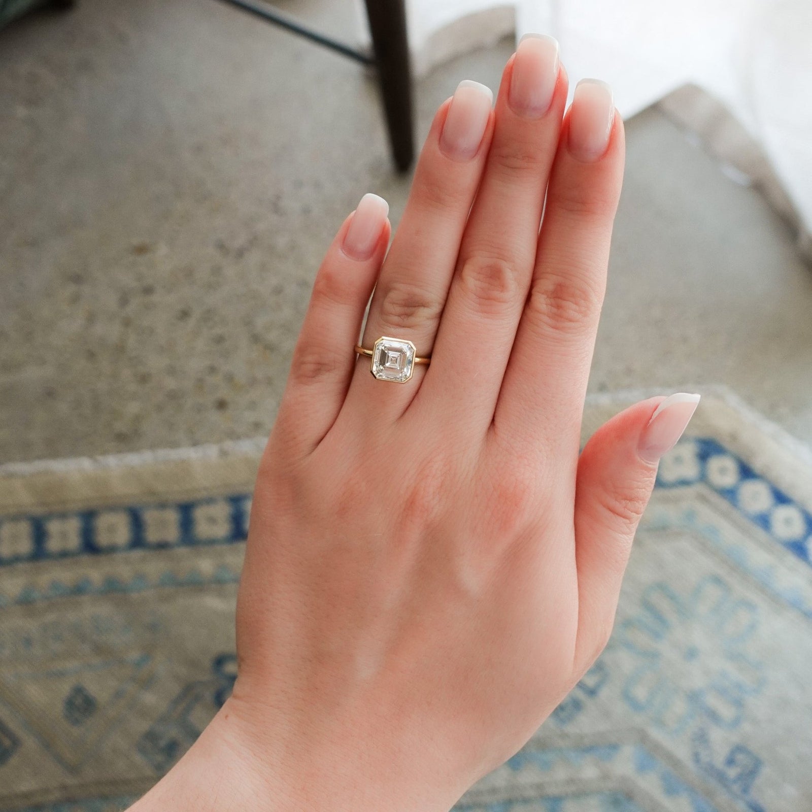 Penumbra Bezel Set Engagement Ring With 3.58ct Asscher Cut Lab Grown Diamond - GOODSTONE