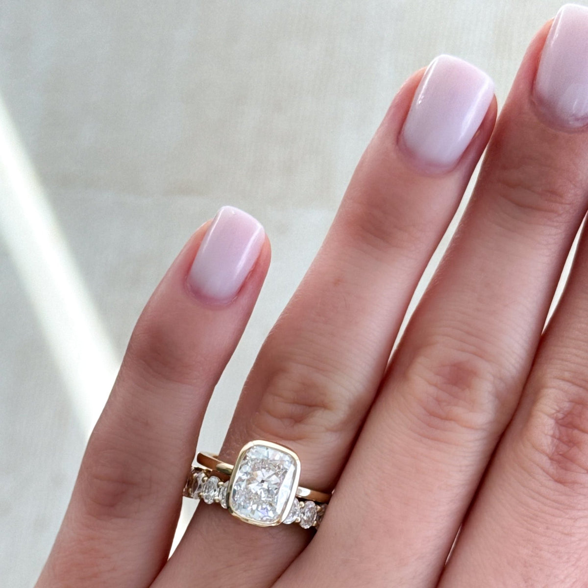 Penumbra Bezel Set Engagement Ring With Elongated Cushion Cut - GOODSTONE