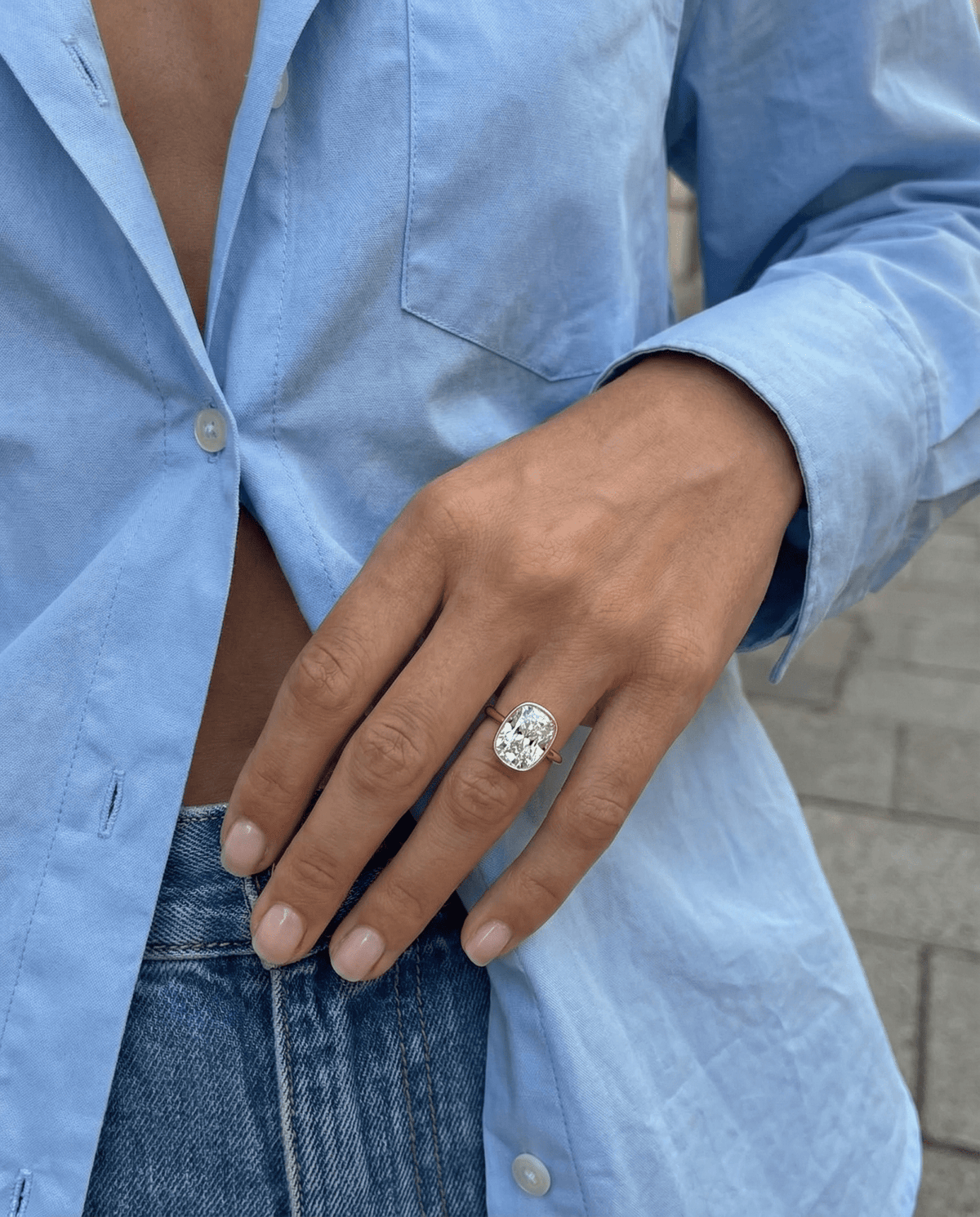 Penumbra Bezel Set Engagement Ring With Elongated Cushion Cut - GOODSTONE