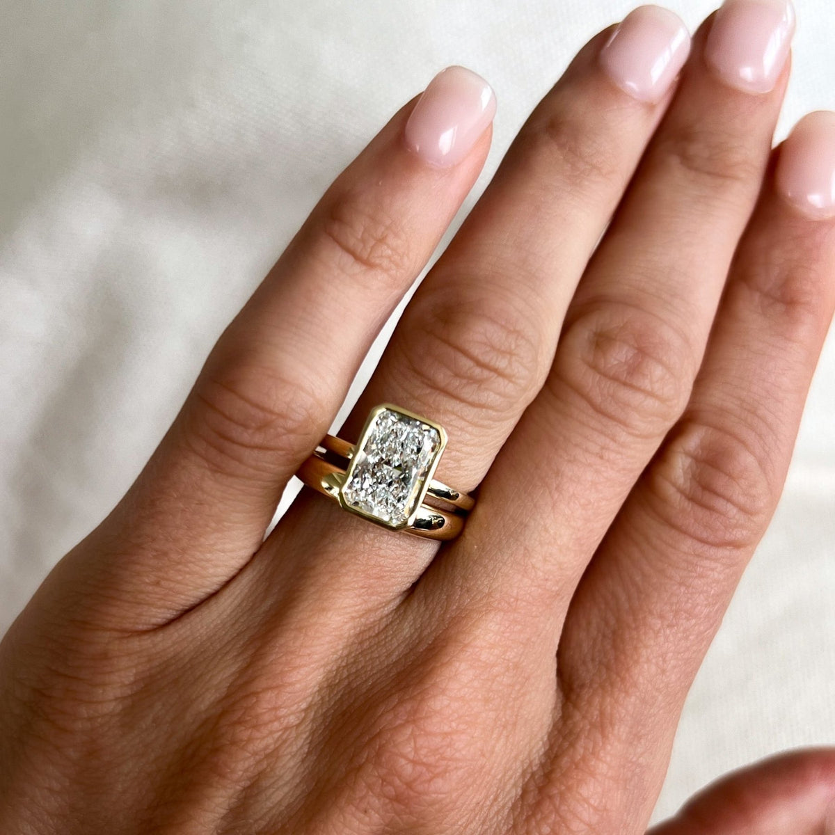 Penumbra Bezel Set Engagement Ring With Elongated Radiant Cut - GOODSTONE