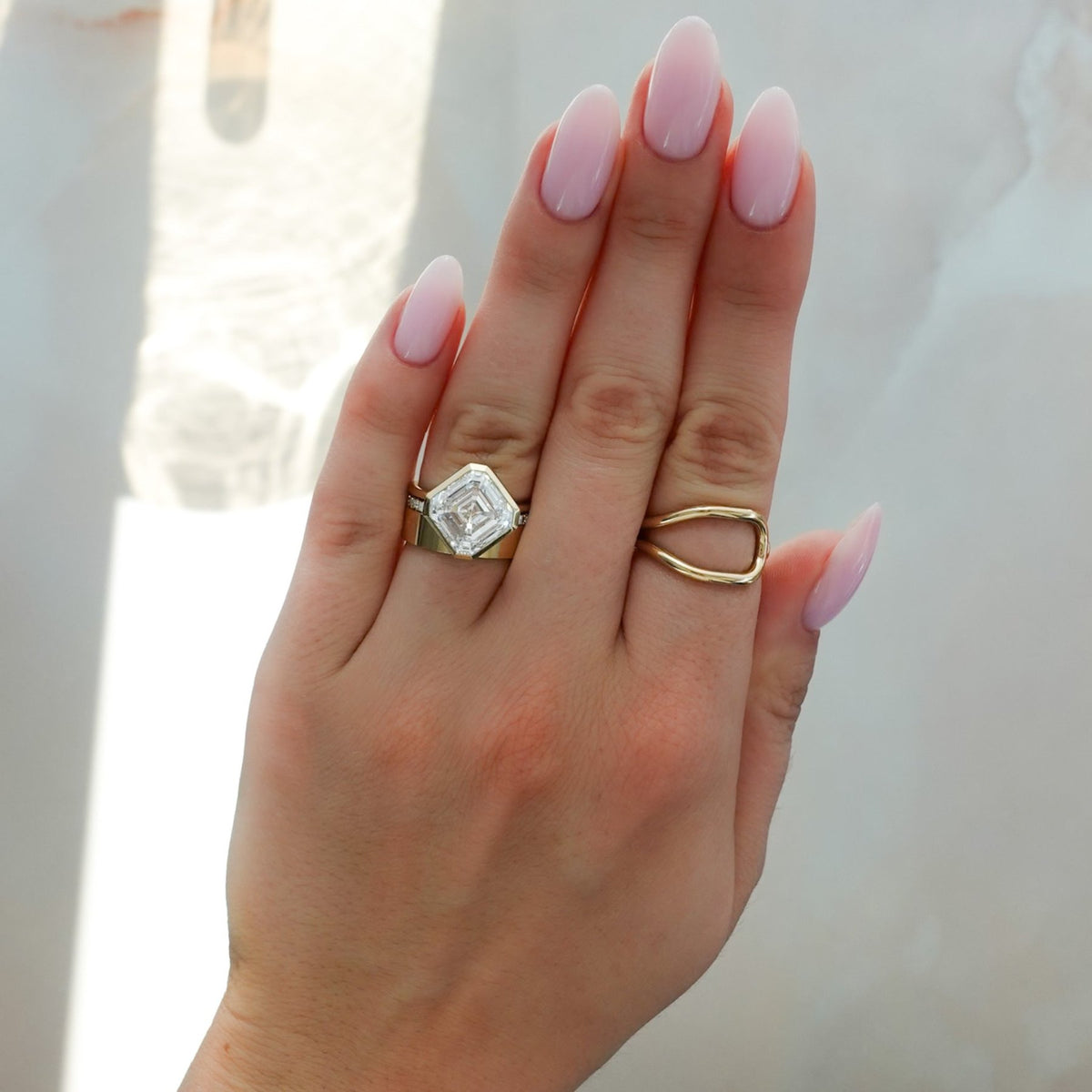 Penumbra Bezel Set Engagement Ring With Tilted Asscher Cut - GOODSTONE