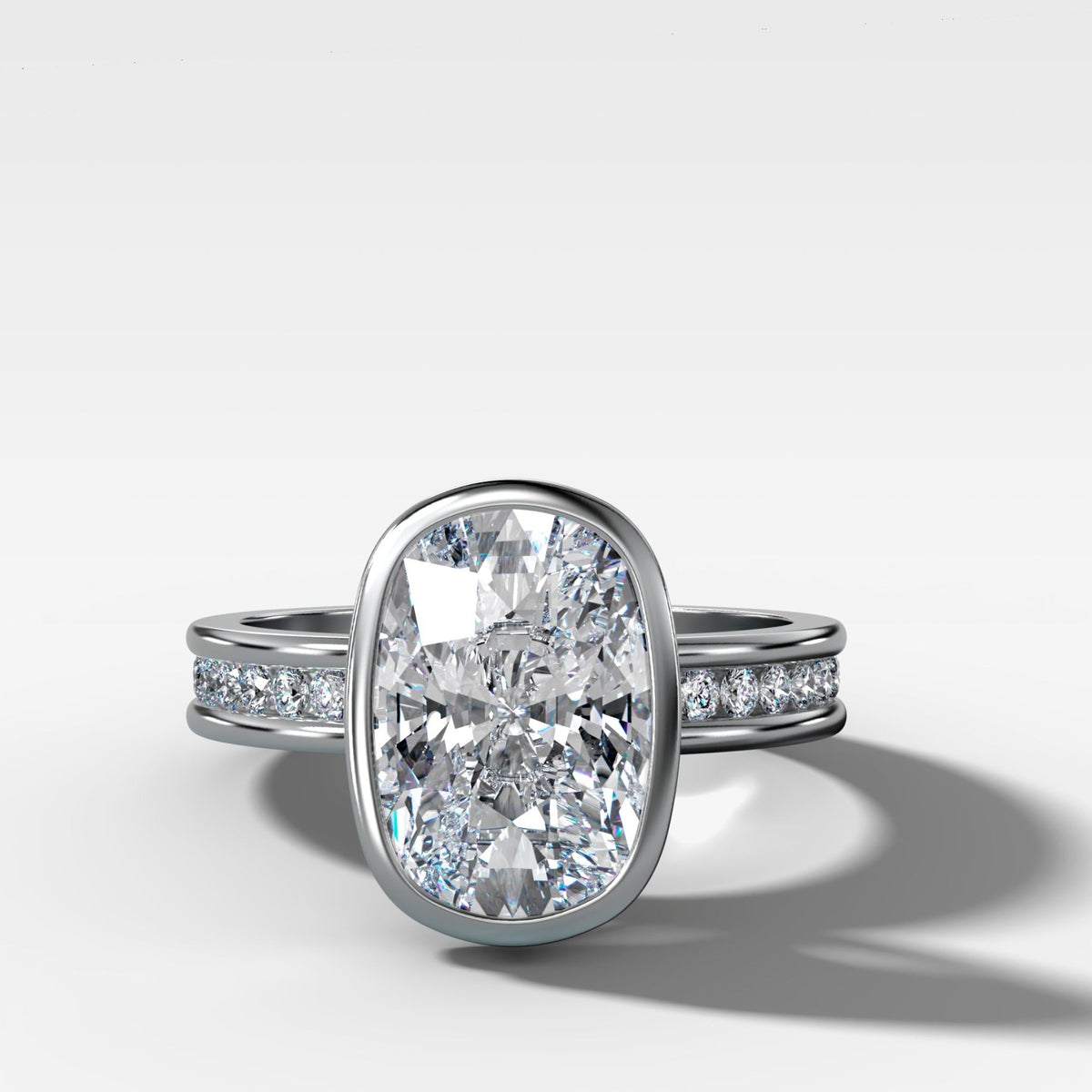 Petite Channel Bezel Set Engagement Ring with Elongated Cushion Cut Diamond - GOODSTONE