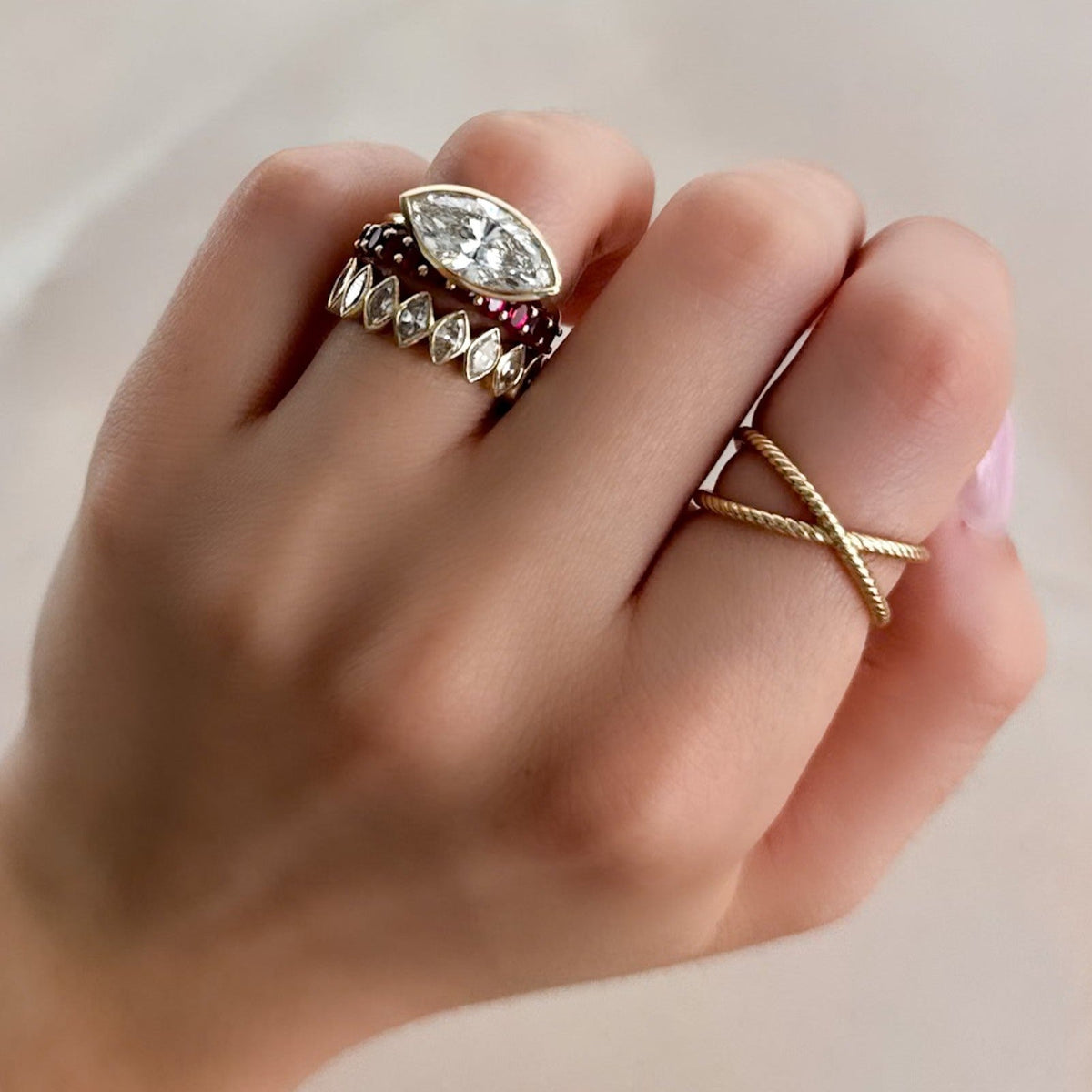 Petite Shared Prong Wedding Band with Red Ruby Oval Gemstones - GOODSTONE