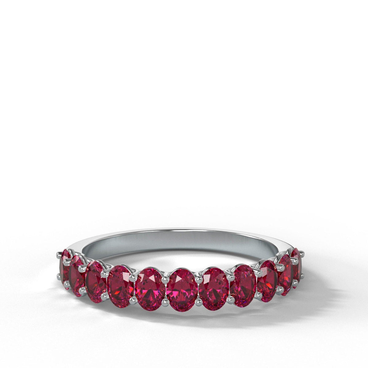 Petite Shared Prong Wedding Band with Red Ruby Oval Gemstones - GOODSTONE