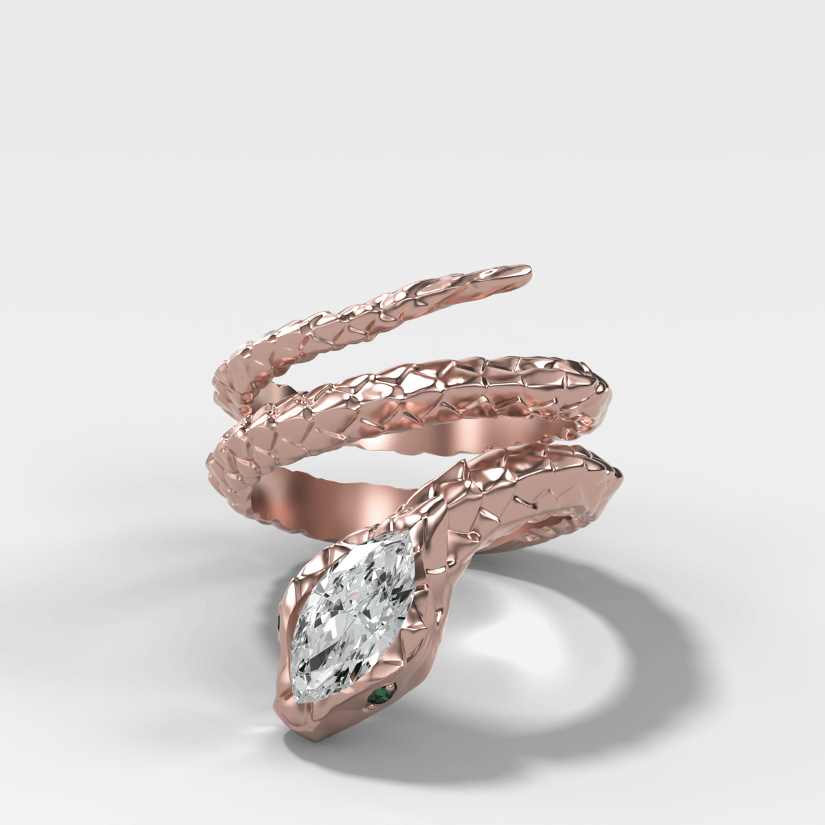 Rattle Snake Wrap Ring with Marquise Cut Diamond and Emerald Eyes - GOODSTONE
