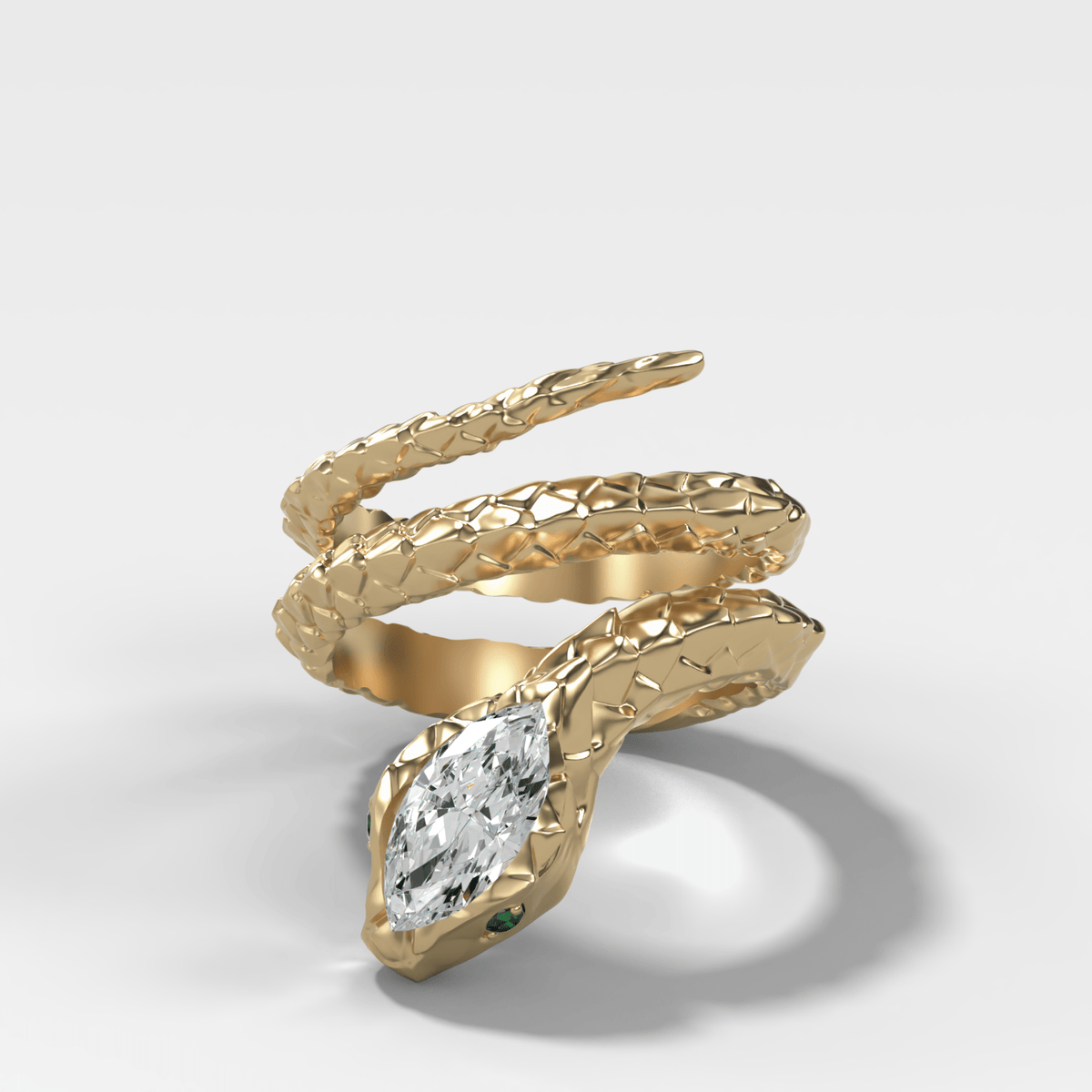 Rattle Snake Wrap Ring with Marquise Cut Diamond and Emerald Eyes - GOODSTONE