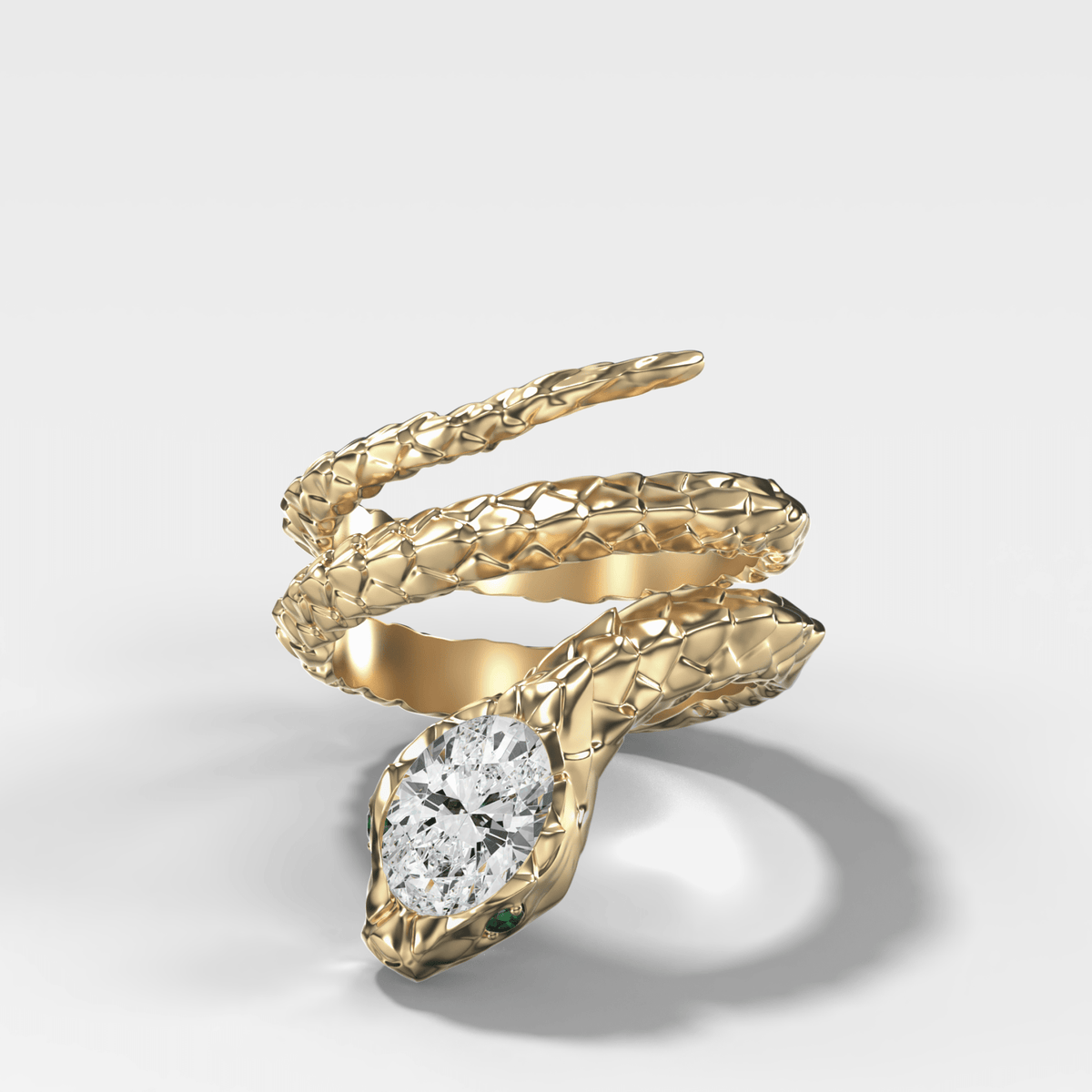 Rattle Snake Wrap Ring with Oval Cut Diamond and Emerald Eyes - GOODSTONE