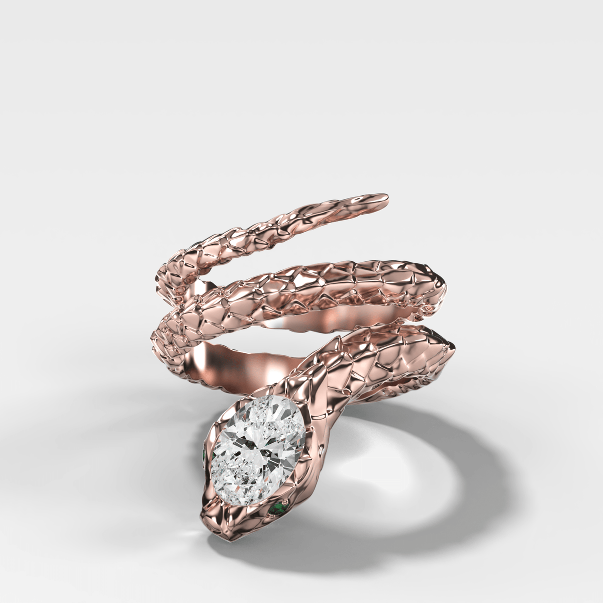 Rattle Snake Wrap Ring with Oval Cut Diamond and Emerald Eyes - GOODSTONE