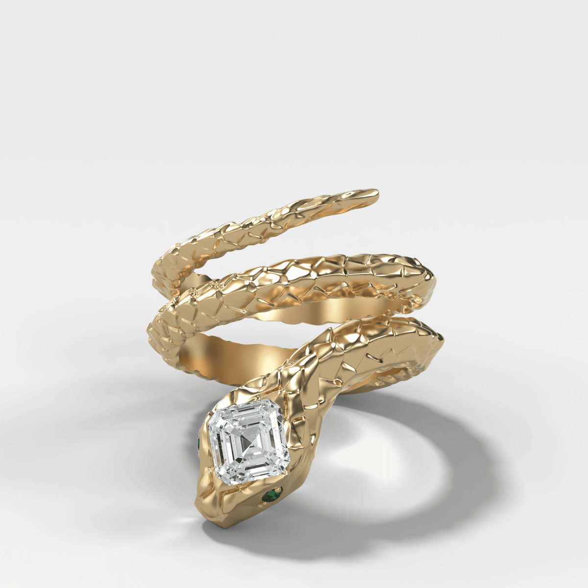 Rattle Snake Wrap Ring with Tilted Asscher Cut Diamond and Emerald Eyes - GOODSTONE