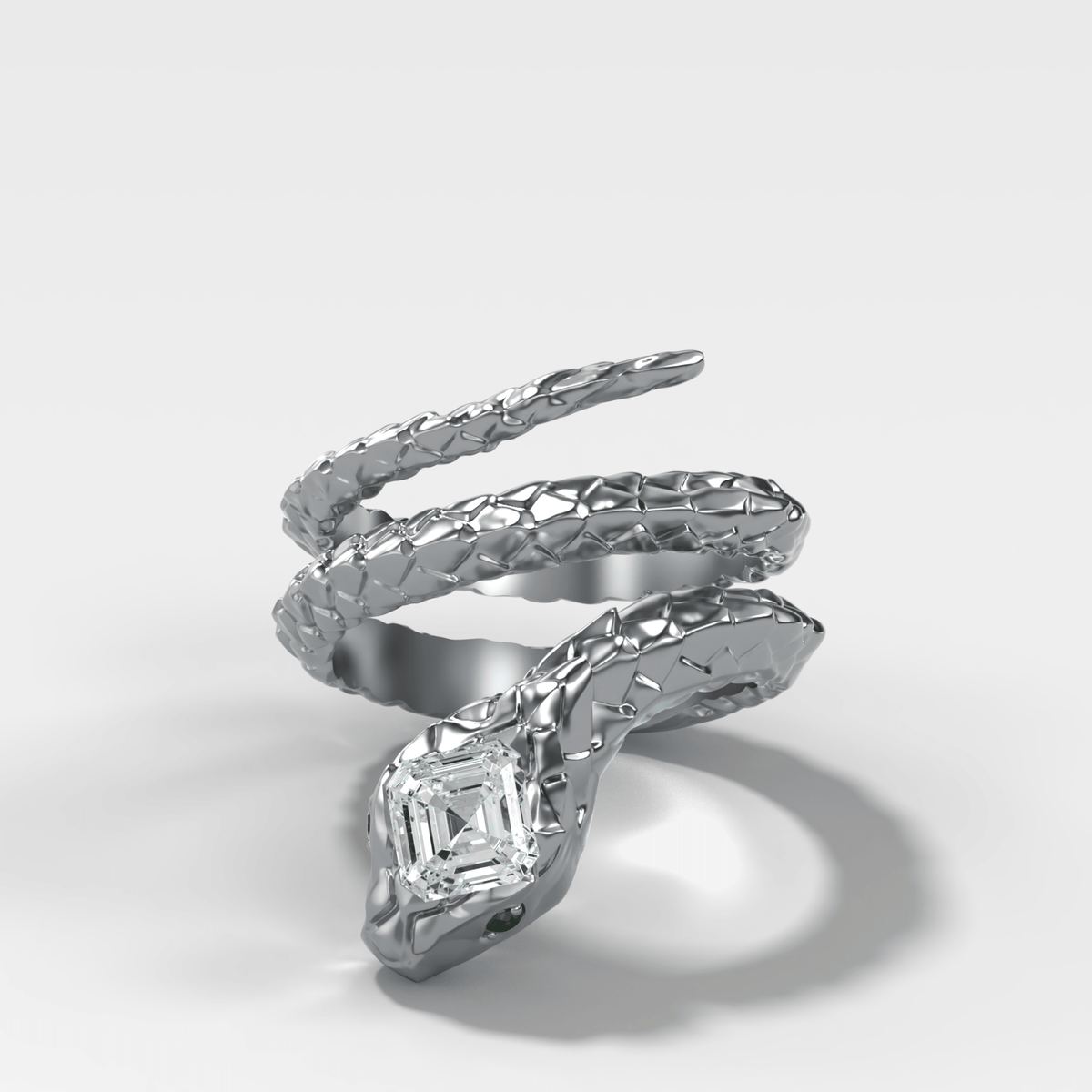 Rattle Snake Wrap Ring with Tilted Asscher Cut Diamond and Emerald Eyes - GOODSTONE