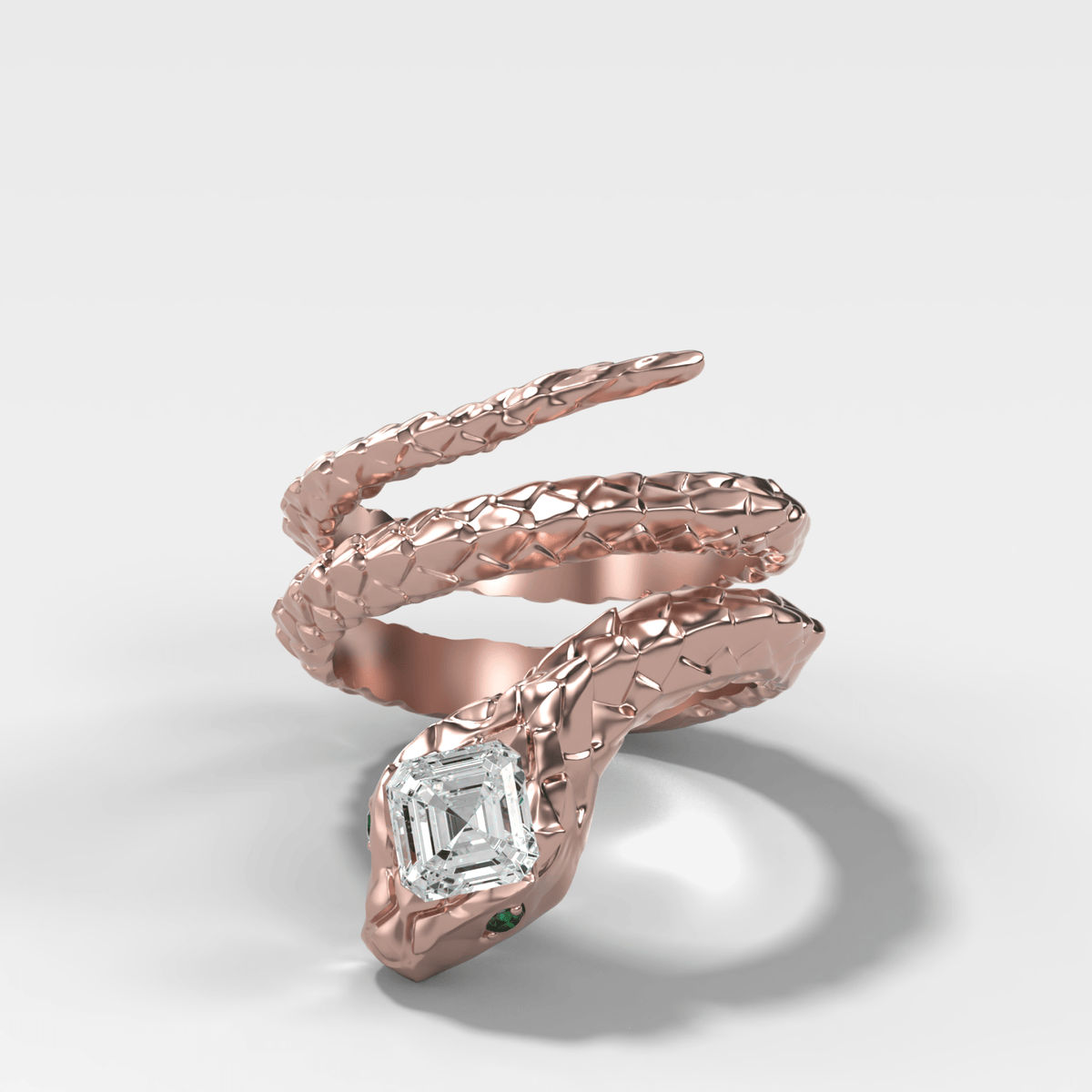 Rattle Snake Wrap Ring with Tilted Asscher Cut Diamond and Emerald Eyes - GOODSTONE