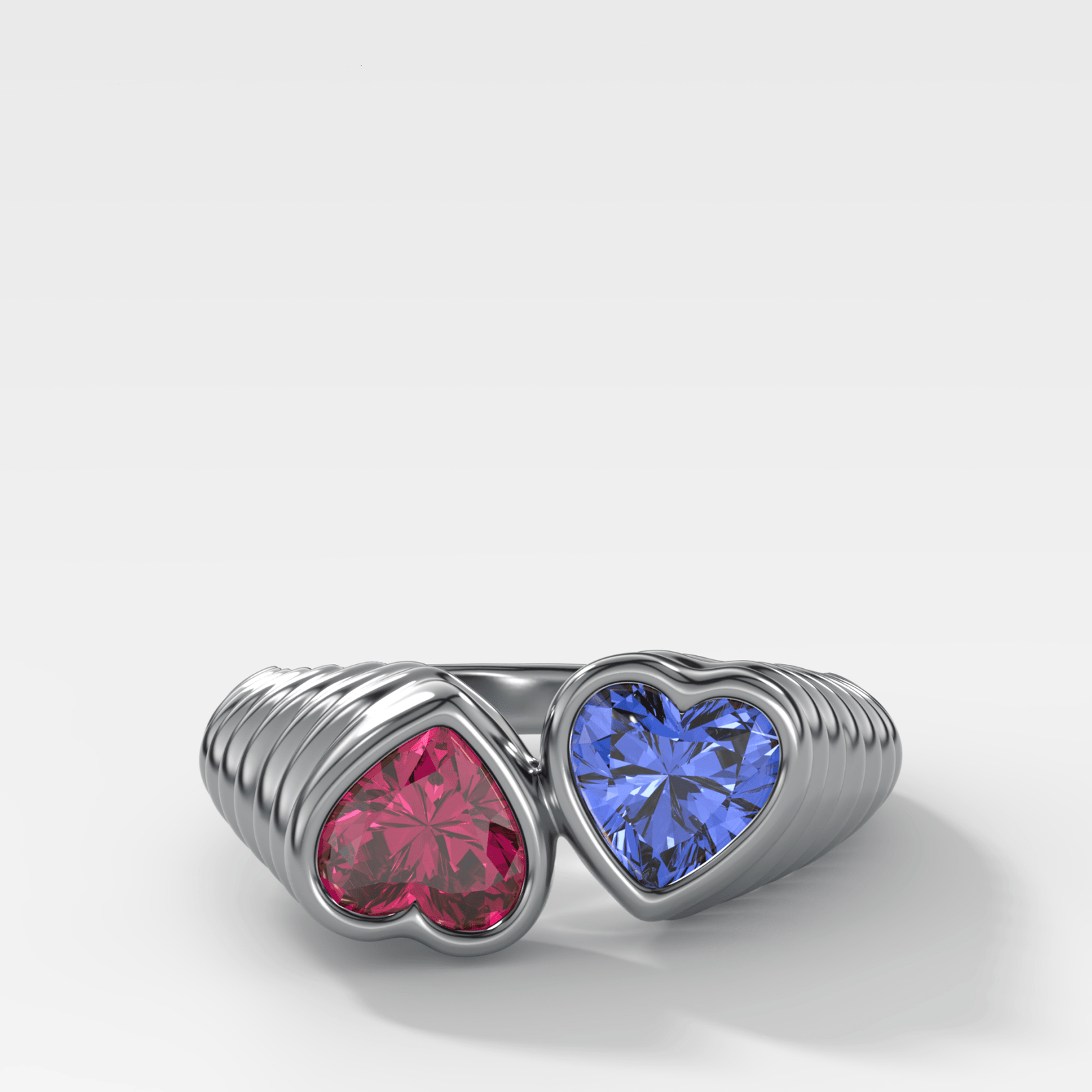 Reverse Bezel Heart Ring with Red Ruby and Blue Sapphire - GOODSTONE