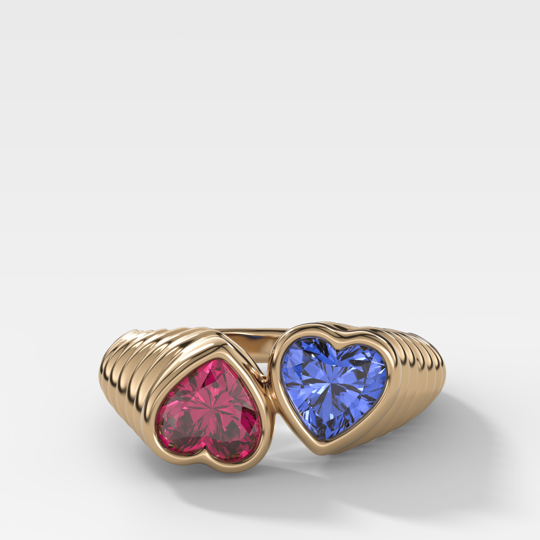 Reverse Bezel Heart Ring with Red Ruby and Blue Sapphire - GOODSTONE