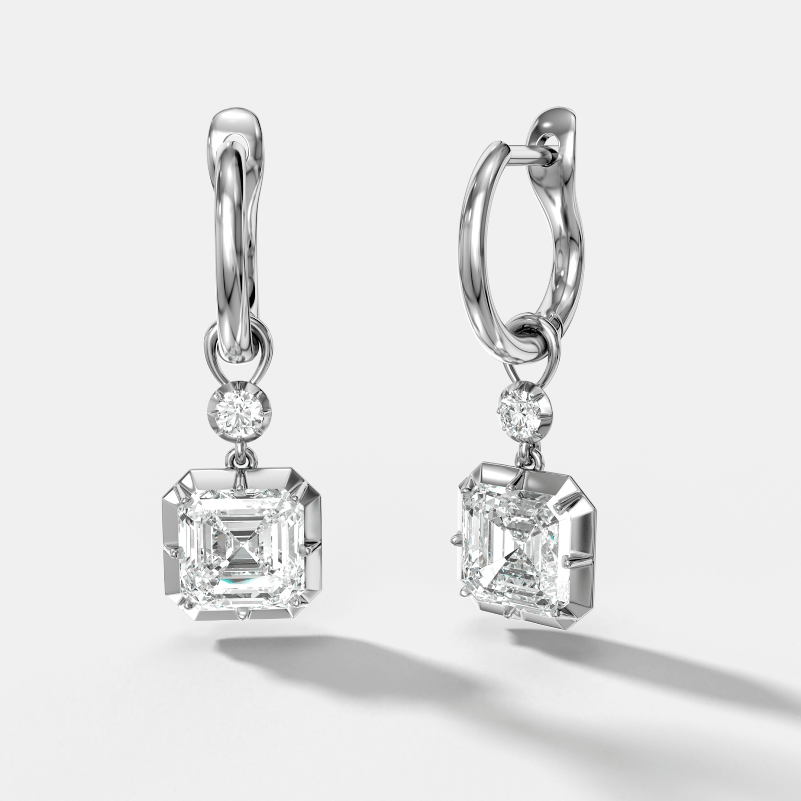 Reversed Tiered Button Back Drop Huggies with Asscher Cut Diamonds - GOODSTONE