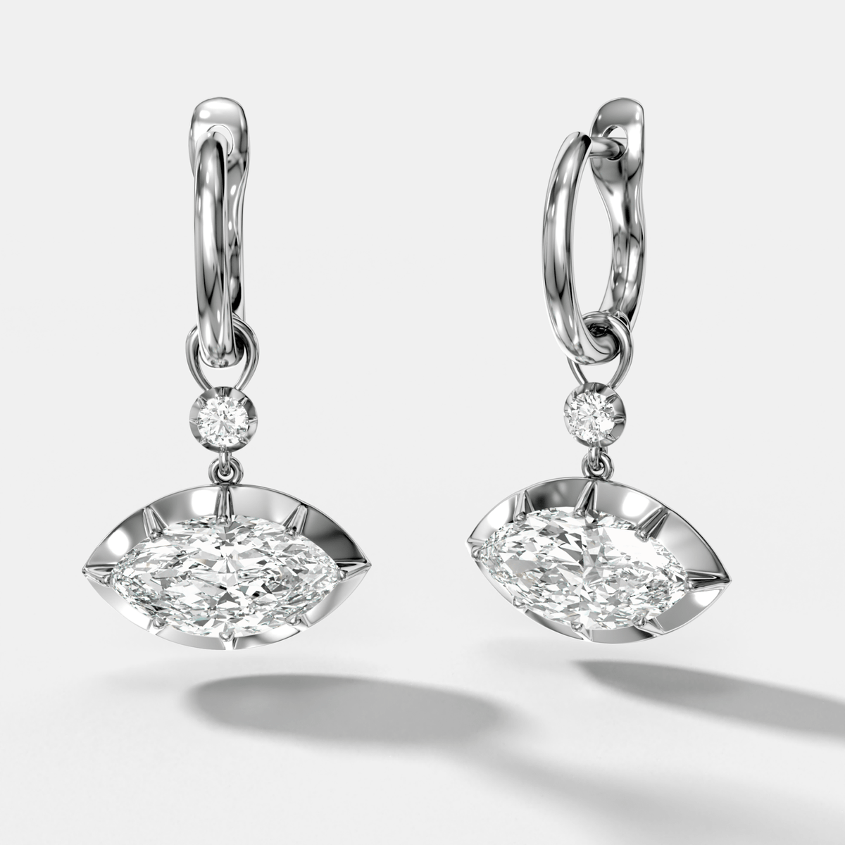 Reversed Tiered Button Back Drop Huggies with Marquise Cut Diamonds - GOODSTONE