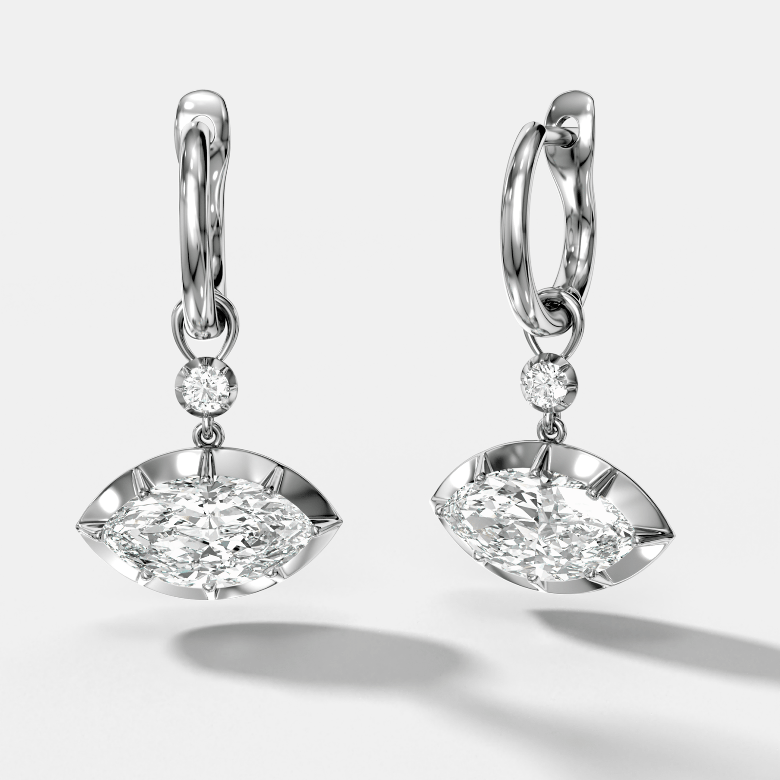 Reversed Tiered Button Back Drop Huggies with Marquise Cut Diamonds - GOODSTONE