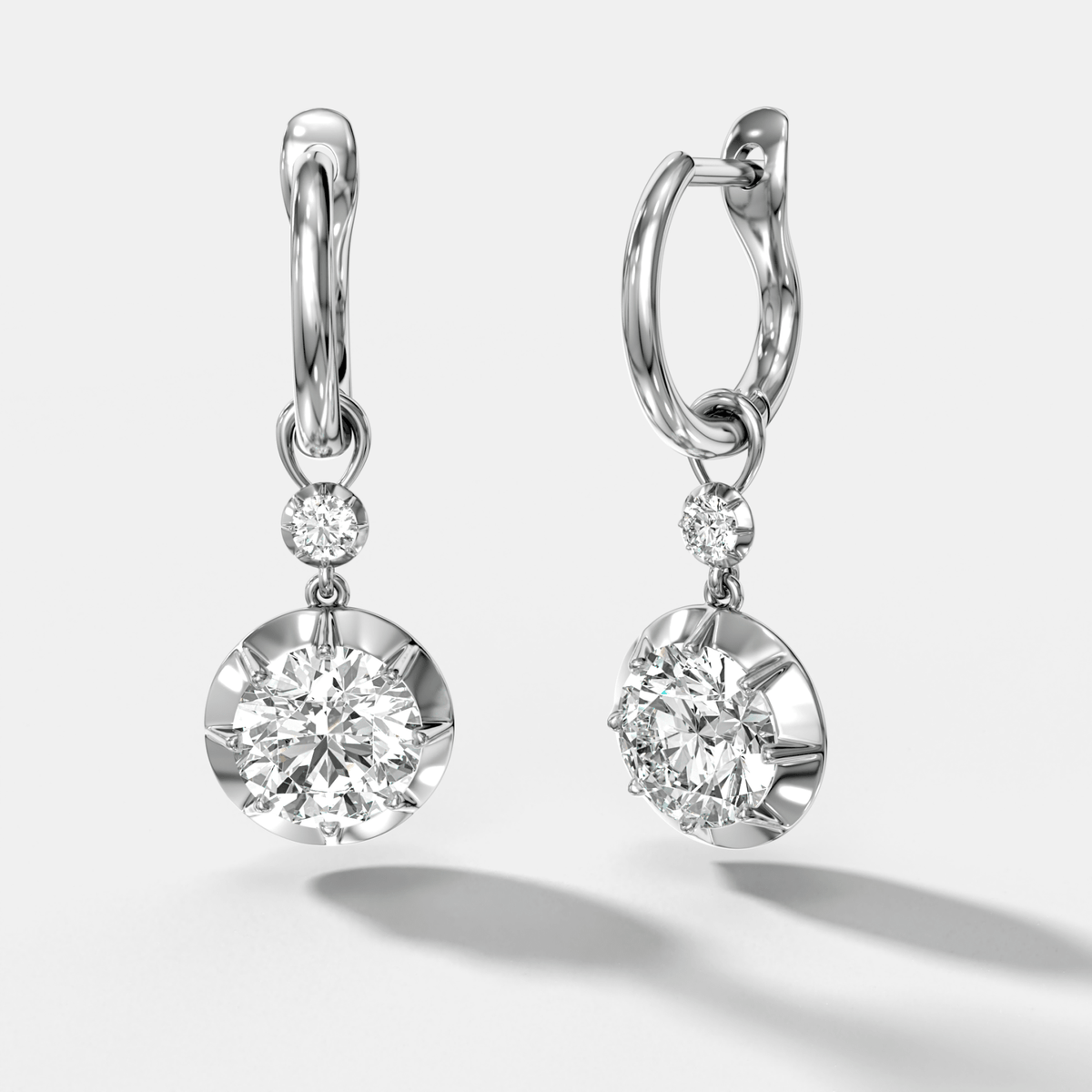 Reversed Tiered Button Back Drop Huggies with Round Cut Diamonds - GOODSTONE