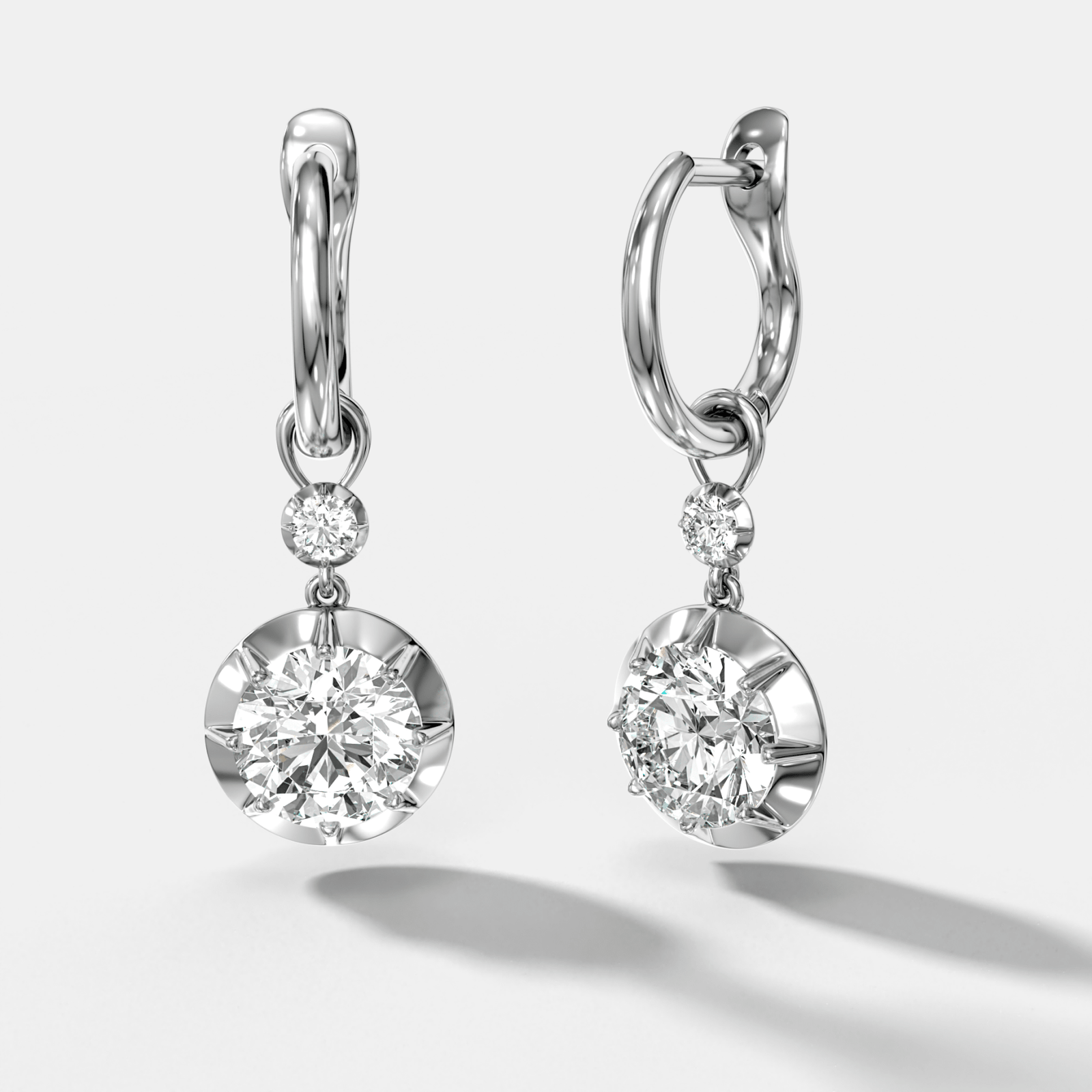 Reversed Tiered Button Back Drop Huggies with Round Cut Diamonds - GOODSTONE