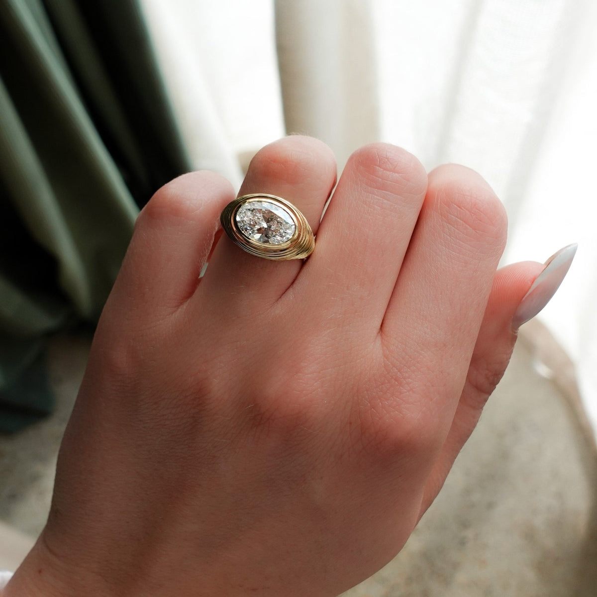 Ripple Solitaire Engagement Ring with 3.09ct East West Lab Grown Oval Cut Diamond - GOODSTONE