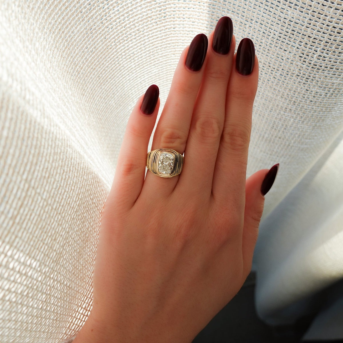 Ripple Solitaire Engagement Ring with Elongated Cushion Cut Diamond - GOODSTONE