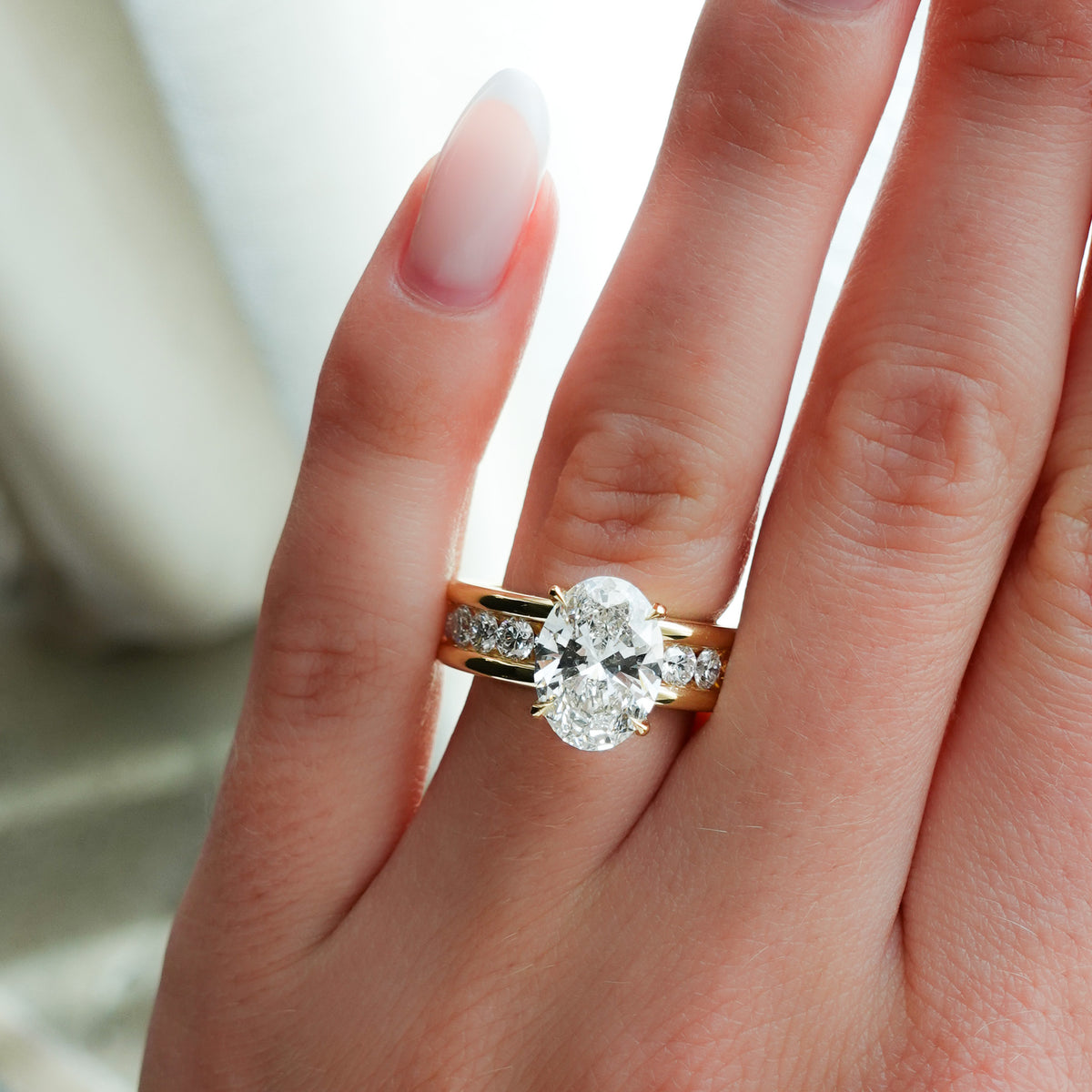 Chunky Channel Set Engagement Ring with Lab Grown 3.09ct Oval Cut Diamond