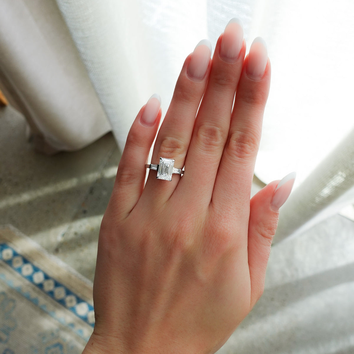 Translunar Tapered Baguette Engagement Ring With Lab Grown 3.09ct Emerald Cut Diamond