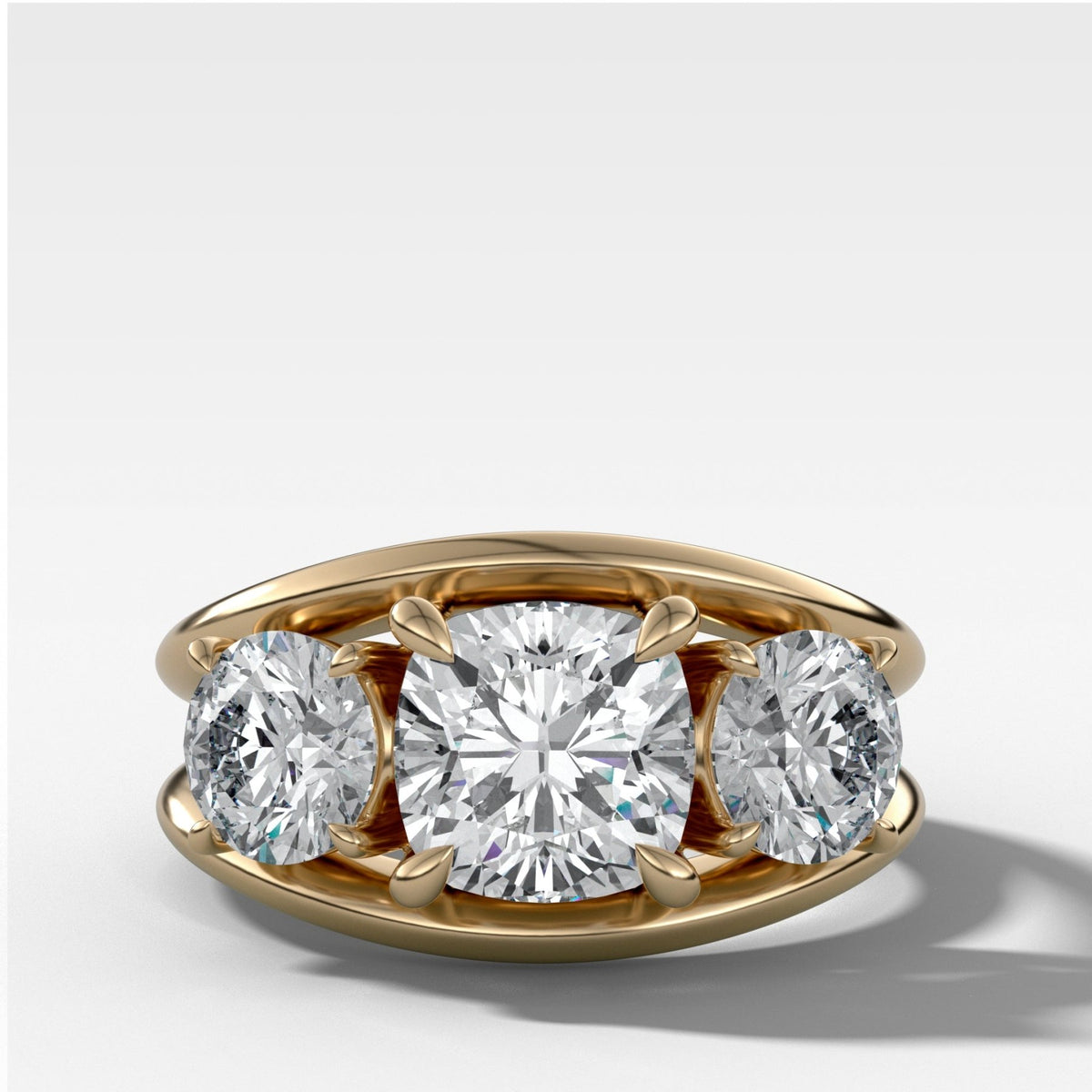 Split Channel Three Stone Engagement Ring With Square Cushion Cut Diamond - GOODSTONE
