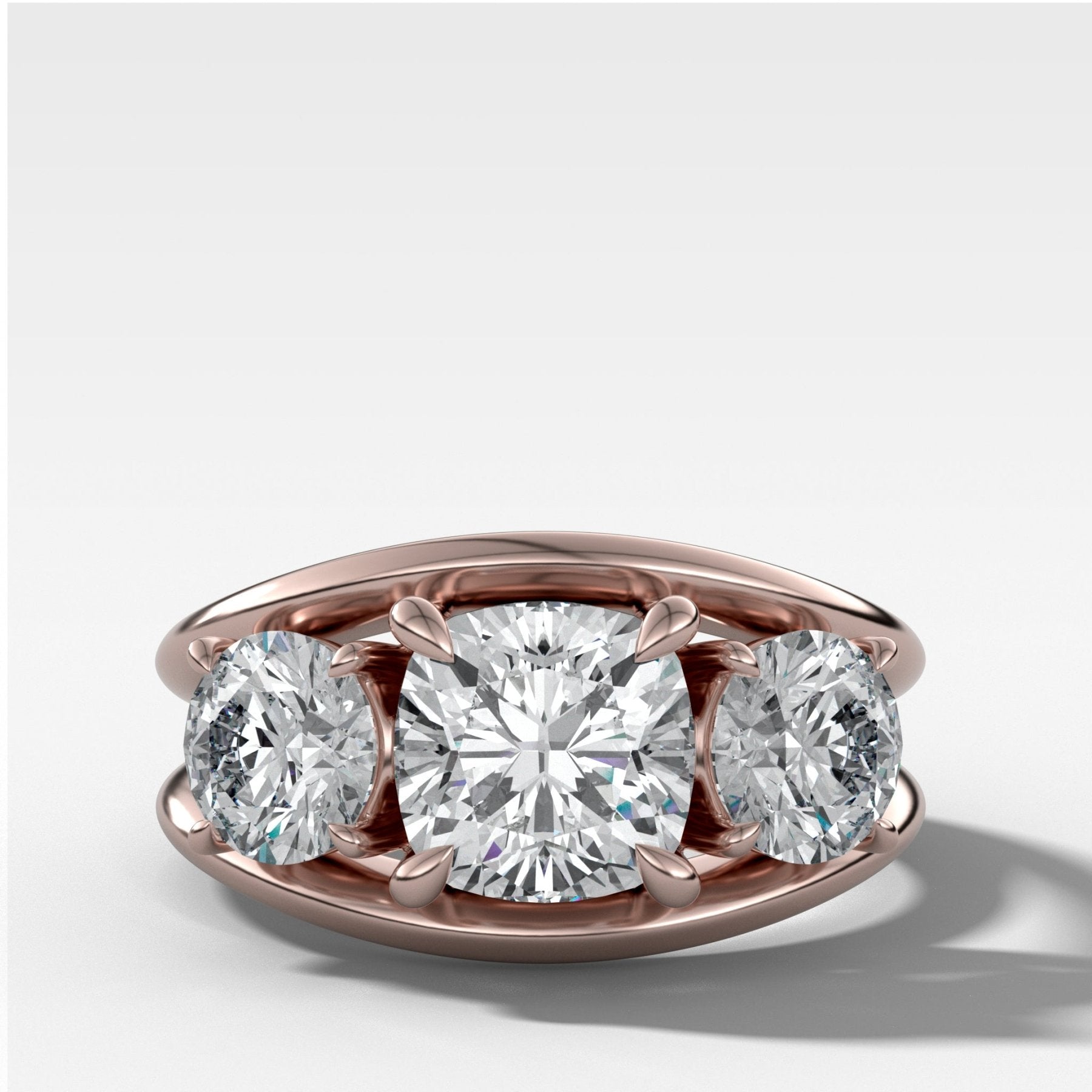 Square Cushion Split Channel Three Stone Engagement Ring | GoodStone