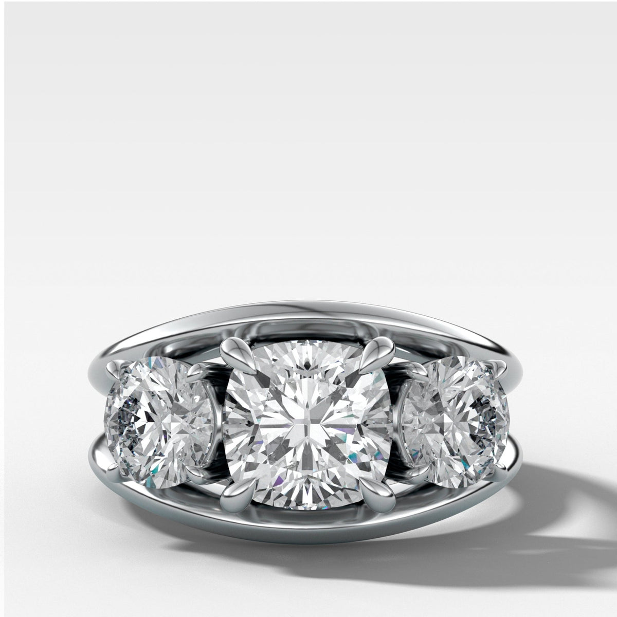 Split Channel Three Stone Engagement Ring With Square Cushion Cut Diamond - GOODSTONE