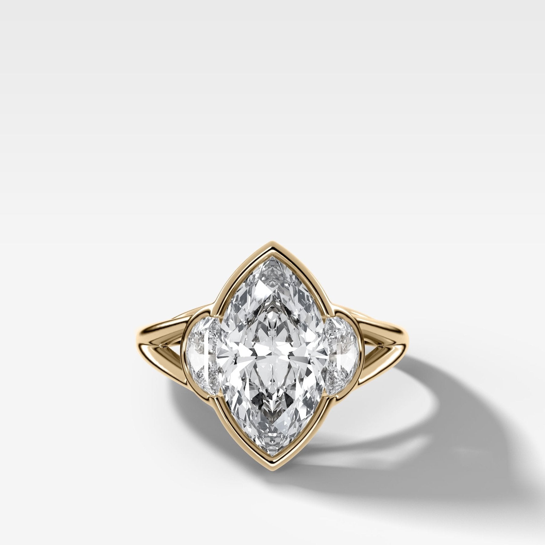Split Shank Engagement Ring with Half Moon Side Stones and Marquise Cut Diamond - GOODSTONE