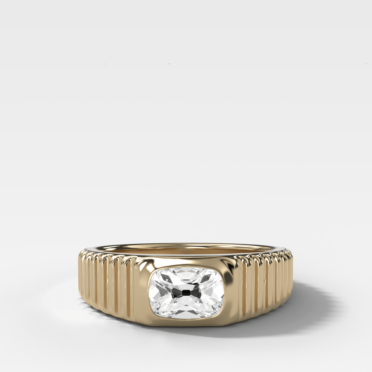 Tapered Ridged Wedding Band with Elongated Old Mine Cut Diamond - GOODSTONE