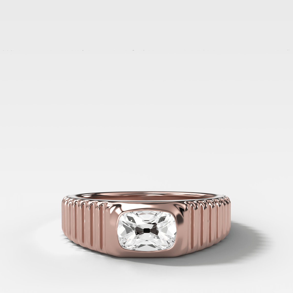 Tapered Ridged Wedding Band with Elongated Old Mine Cut Diamond - GOODSTONE