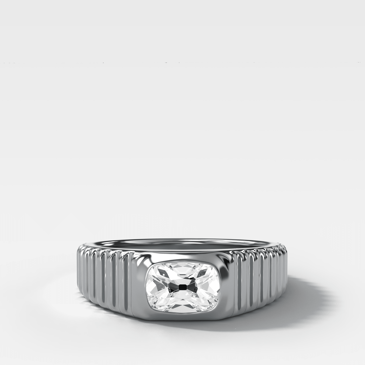 Tapered Ridged Wedding Band with Elongated Old Mine Cut Diamond - GOODSTONE