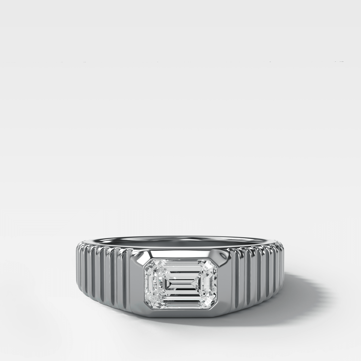 Tapered Ridged Wedding Band with Emerald Cut Diamond - GOODSTONE