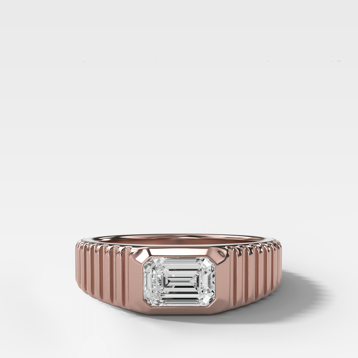 Tapered Ridged Wedding Band with Emerald Cut Diamond - GOODSTONE