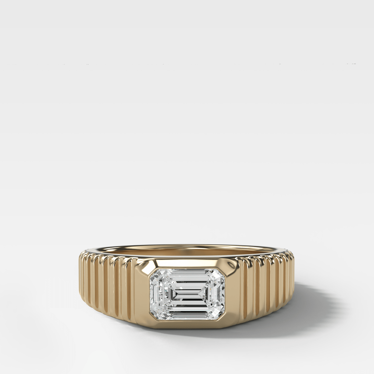 Tapered Ridged Wedding Band with Emerald Cut Diamond - GOODSTONE