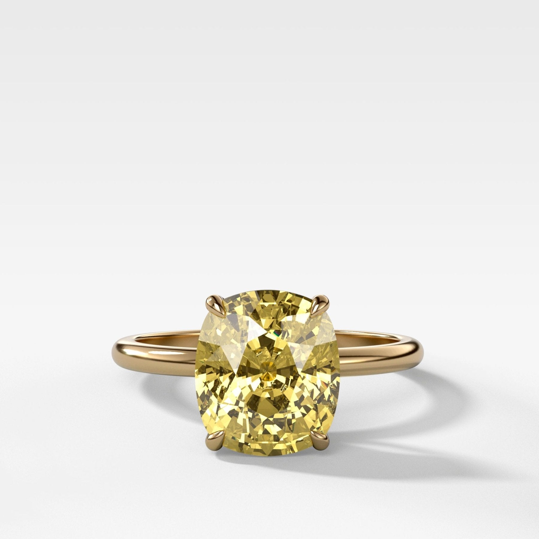 Thin + Simple Solitaire Engagement Ring With Canary Yellow Elongated Cushion Cut Diamond - GOODSTONE