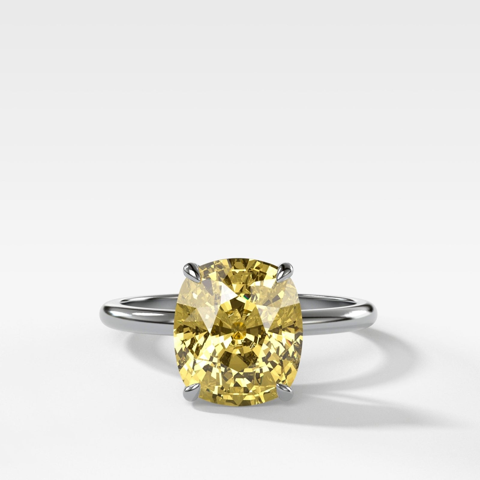 Thin + Simple Solitaire Engagement Ring With Canary Yellow Elongated Cushion Cut Diamond - GOODSTONE